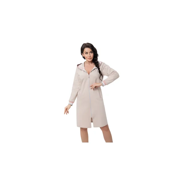 DOROTA kuscheliger und moderner Damen Bademantel, mit Reißverschluss, Taschen & Kapuze, Beige Gr. XXL
